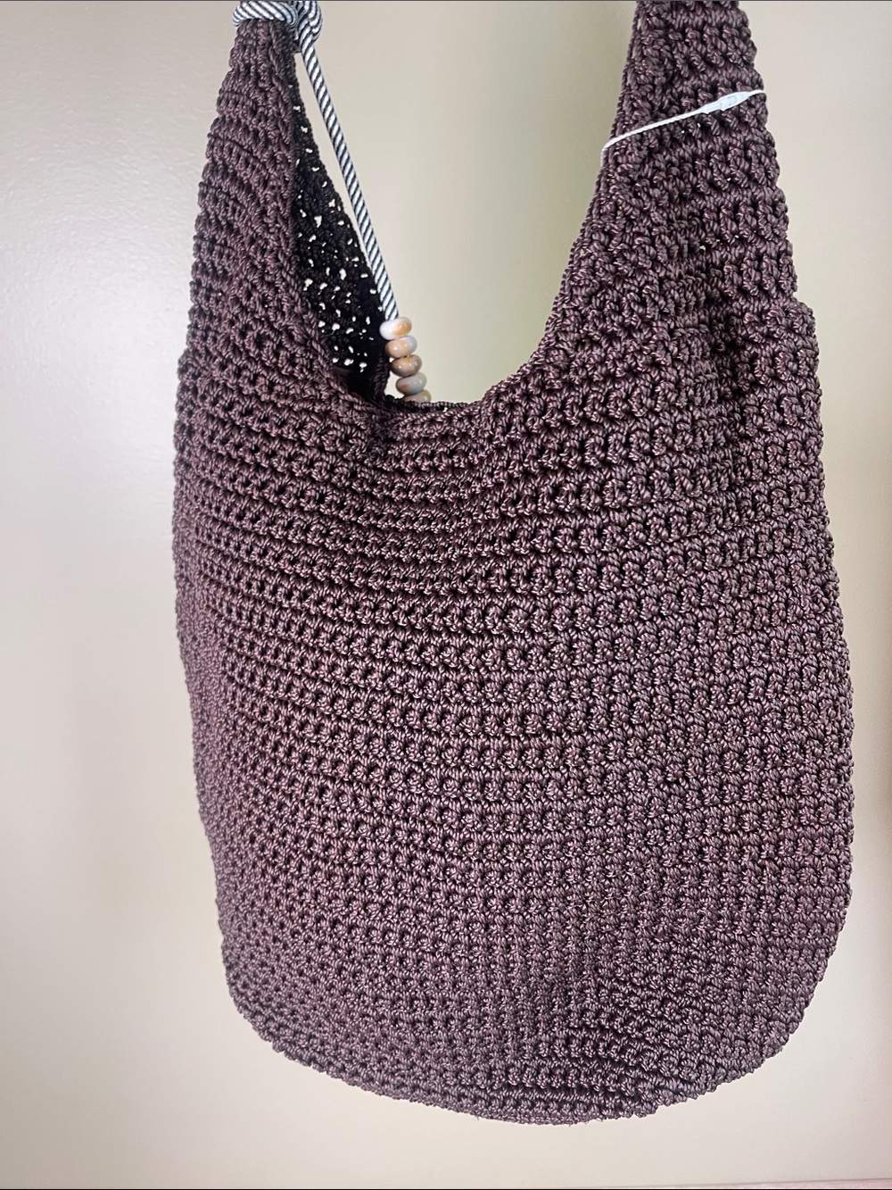 Tommy Bahama Dark Brown Crochet Shoulder Bag with Beaded accent charm - Picture 6 of 9
